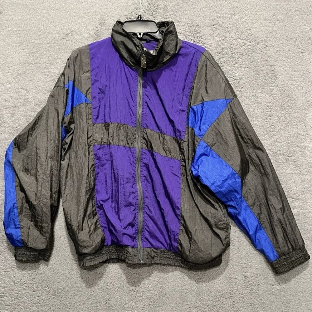 Vintage Vizor Nylon Full Zip Windbreaker Jacket Large Purple Blue Charcoal Gray